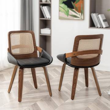 Vintage-Style Mid-Century Modern Accent Chair with Walnut Frame and Woven Cane Back