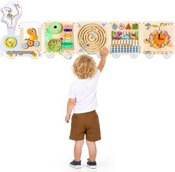 Train Activity Wall Busy Board Panels, 15-in-1 Wooden Montessori Toddler Busy Board