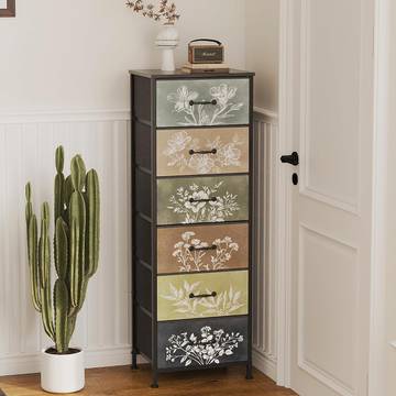 Tohomeor Vintage Dresser Vertical Nightstand with Neutral Botanical Fabric Chest Drawers for Closet Bathroom Storage Tower Unit Bed Side Organizer Farmhouse Rustic (Multi, 6 Drawers)