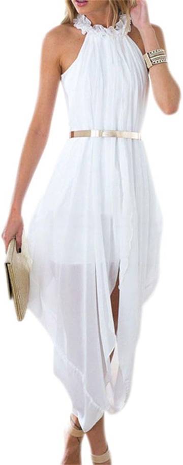 Women's Sheer Chiffon Folds Hi Low Loose Dress Delicate Gold Belt