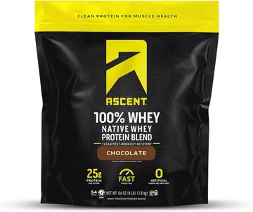 Ascent 100% Whey Protein Powder - Post Workout Whey Protein Isolate, Zero Artificial Flavors & Sweeteners, Soy & Gluten Free, 5.5g BCAA, 2.6g Leucine, Essential Amino Acids, Chocolate 4 lb