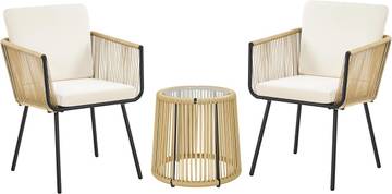 Yaheetech 3 Pieces Rattan Bistro Set, Indoor/Outdoor PE Wicker Conversation Furniture Set with 2 Chairs & Tempered Glass Top Table & Cushions, for Poolside/Porch/Garden/Yard, Tan/Cream