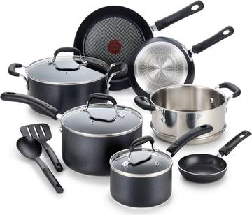 T-fal Initiatives Nonstick Cookware Set, 12-Piece, Titanium with Theroluxe Nonstick Interior, dishwasher safe, Induction Compatible, Dust Grey