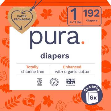 Pura Diapers Size 1 (8-14 lbs), 84 Count Plastic Free Diapers, Olive